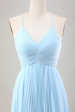 Vestido de invitada de boda de gasa plisada azul cielo una línea