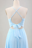 Vestido de invitada de boda de gasa plisada azul cielo una línea