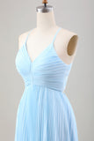 Vestido de invitada de boda de gasa plisada azul cielo una línea