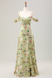 Vestido de invitada de boda floral con correas de espagueti verde de una línea con abertura