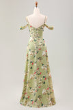 Vestido de invitada de boda floral con correas de espagueti verde de una línea con abertura