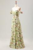 Vestido de invitada de boda floral con correas de espagueti verde de una línea con abertura