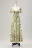 Vestido de invitada de boda de la longitud del té de la línea A de la línea de la flor verde con mangas cortas