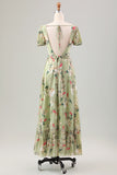 Vestido de invitada de boda de la longitud del té de la línea A de la línea de la flor verde con mangas cortas