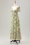Vestido de invitada de boda de la longitud del té de la línea A de la línea de la flor verde con mangas cortas