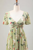 Vestido de invitada de boda de la longitud del té de la línea A de la línea de la flor verde con mangas cortas
