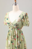 Vestido de invitada de boda de la longitud del té de la línea A de la línea de la flor verde con mangas cortas