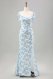Vestido largo de invitada de boda de sirena de flor azul blanca con abertura