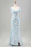 Vestido largo de invitada de boda de sirena de flor azul blanca con abertura