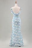 Vestido largo de invitada de boda de sirena de flor azul blanca con abertura