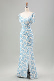 Vestido largo de invitada de boda de sirena de flor azul blanca con abertura
