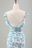 Vestido largo de invitada de boda de sirena de flor azul blanca con abertura