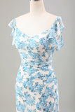 Vestido largo de invitada de boda de sirena de flor azul blanca con abertura