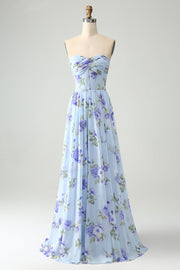 Vestido De Invitada De Boda Largo Plisado Plisado De Novia Floral Azul A Line Sweetheart
