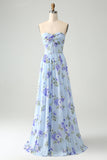 Vestido De Invitada De Boda Largo Plisado Plisado De Novia Floral Azul A Line Sweetheart