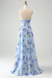 Vestido De Invitada De Boda Largo Plisado Plisado De Novia Floral Azul A Line Sweetheart