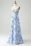 Vestido De Invitada De Boda Largo Plisado Plisado De Novia Floral Azul A Line Sweetheart