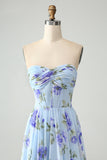 Vestido De Invitada De Boda Largo Plisado Plisado De Novia Floral Azul A Line Sweetheart