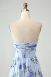 Vestido De Invitada De Boda Largo Plisado Plisado De Novia Floral Azul A Line Sweetheart