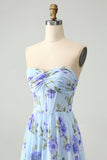 Vestido De Invitada De Boda Largo Plisado Plisado De Novia Floral Azul A Line Sweetheart