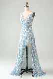 Vestido de invitada de boda con volantes de flor azul blanca una línea alta y baja