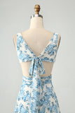 Vestido de invitada de boda con volantes de flor azul blanca una línea alta y baja