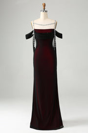 Vestido largo de dama de honor de sirena de sirena de hombro frío negro rojo brillante