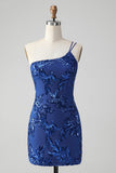 Vestido de cóctel de lentejuelas de un hombro azul real ajustado brillante con bordado