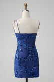 Vestido de cóctel de lentejuelas de un hombro azul real ajustado brillante con bordado