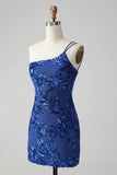 Vestido de cóctel de lentejuelas de un hombro azul real ajustado brillante con bordado