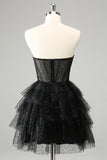 Vestido de cóctel lindo con corsé escalonado de novia negro brillante de una línea