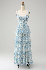 Vestido de invitada de boda floral con corsé azul blanco