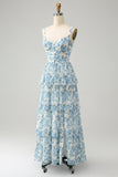 Vestido de invitada de boda floral con corsé azul blanco
