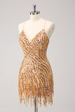 Vestido de cóctel con cuello en V y lentejuelas ajustado rosa intenso y brillante con flecos