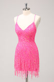 Vestido de cóctel con cuello en V y lentejuelas ajustado rosa intenso y brillante con flecos