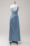 Vestido largo de dama de honor Rosa polvorienta con ojo de cerradura de satén de un hombro