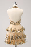Vestido de fiesta corto con lentejuelas espalda descubierta corte ancho y brillante