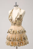 Vestido de fiesta corto con lentejuelas espalda descubierta corte ancho y brillante