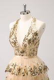 Vestido de fiesta corto con lentejuelas espalda descubierta corte ancho y brillante