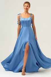 Vestido largo de dama de honor de satén con correas de espagueti azul A Line