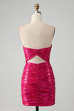 Vestido de cóctel ajustado plisado sin tirantes elegante fucsia