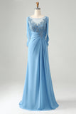 Apliques de cuentas de sirena azul Saprkly Madre de vestido de novia con chal