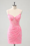 Vestido de fiesta corto ajustado con corsé y cordones en la espalda y tirantes finos de color rosa