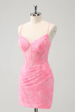 Vestido de fiesta corto ajustado con corsé y cordones en la espalda y tirantes finos de color rosa