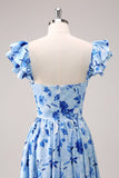 Vestido de dama de honor floral azul con hombros descubiertos de una línea