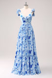 Vestido de dama de honor floral azul con hombros descubiertos de una línea