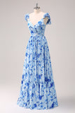 Vestido de dama de honor floral azul con hombros descubiertos de una línea