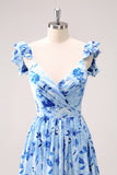 Vestido de dama de honor floral azul con hombros descubiertos de una línea