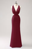 Vestido de dama de honor largo fruncido con cuello en V azul real