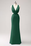 Vestido de dama de honor largo fruncido con cuello en V azul real